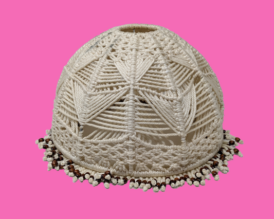 Laine blanche vintage des années 1970, crochet, abat-jour en macramé avec perles