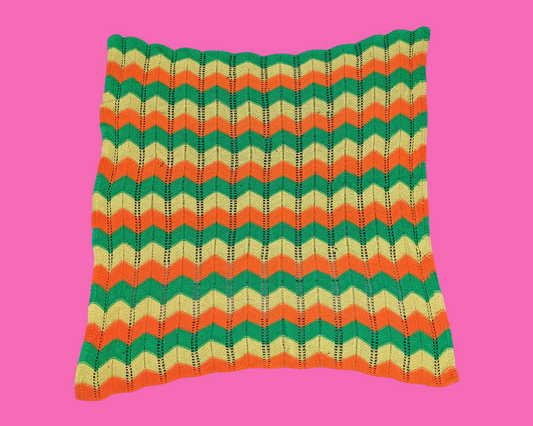 Vintage 1970's Green, Orange and Yellow Wool Crochet Blanket