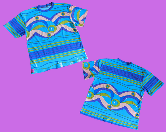 Handmade, Upcycled Vintage, Groovy Fabric, Stretchable, T-Shirt Oversized XS - Fits Like A Size M