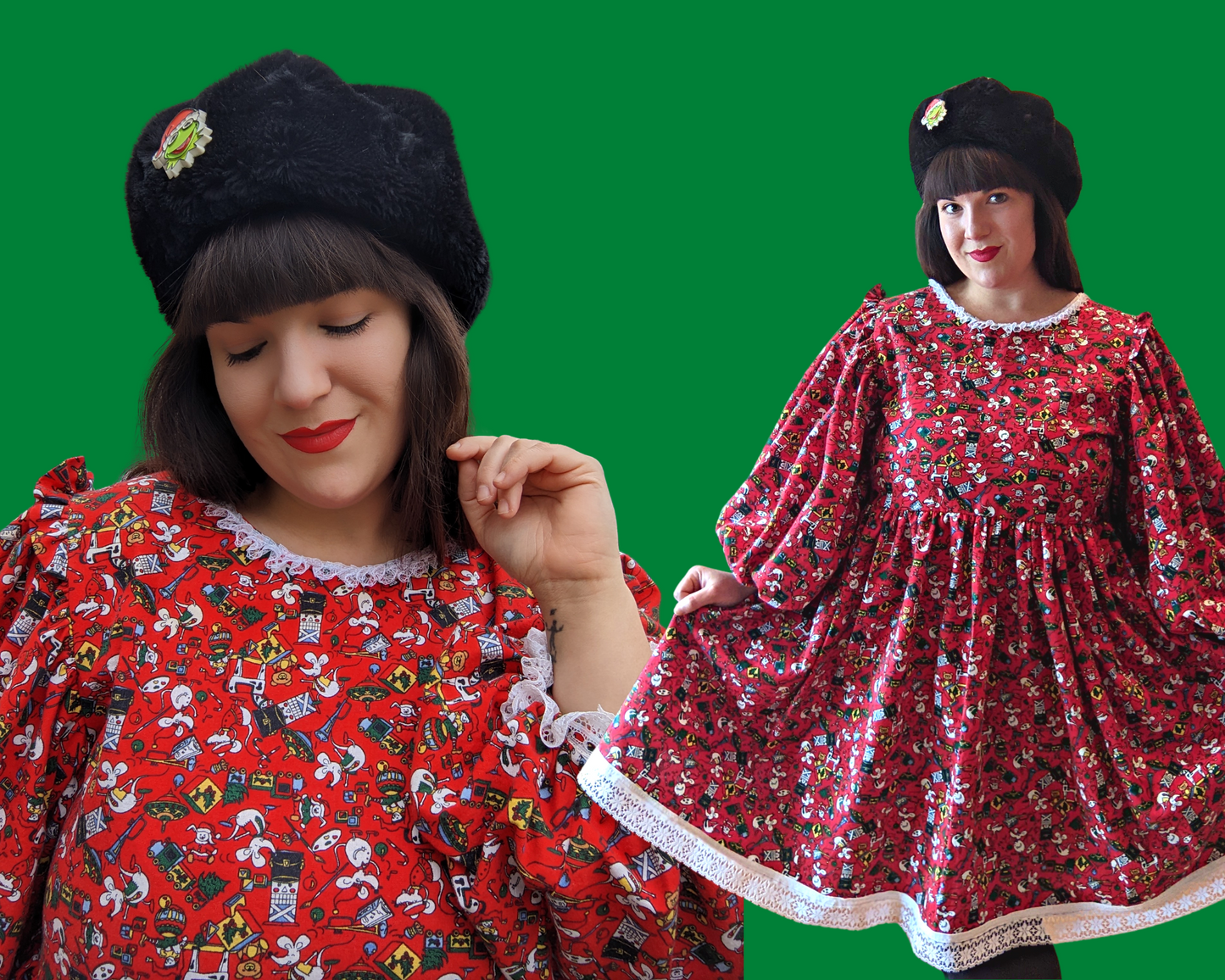 Handmade, Upcycled Vintage 1990's Christmas Fabric, Long Sleeve Dress with Lace Details Size L-XL