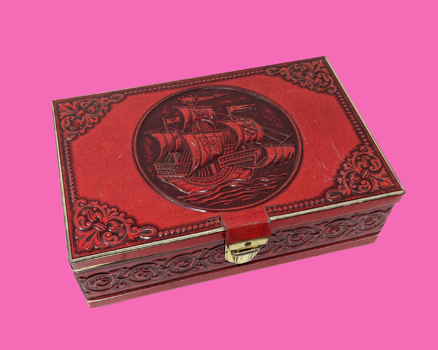 Boîte en étain rouge pour navire d'exploration des années 1980
