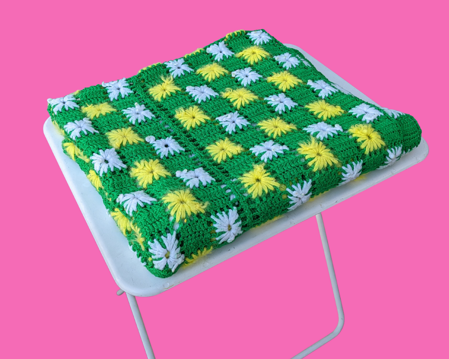Vintage 1960's Green, Yellow and White Acrylic Crochet Blanket