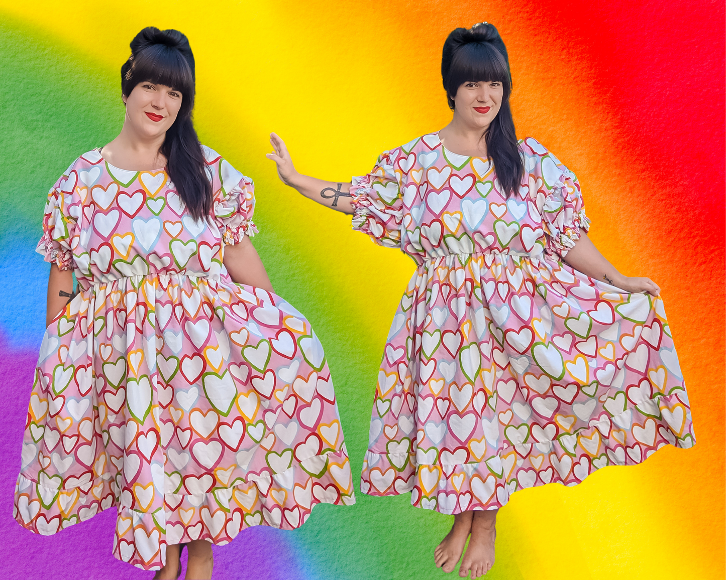 Draps faits à la main, Upcycled Rainbow Hearts Patterned, Short Puffy Sleeves, Pride LGBTQ+ Fashion, Taille 2XL