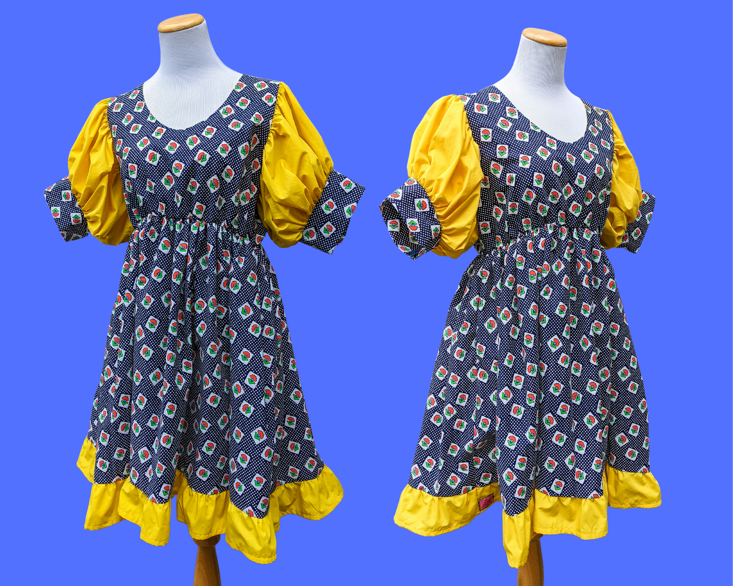 Robe en tissu à motifs floraux recyclé faite à la main, manches courtes bouffantes jaunes, taille L/XL