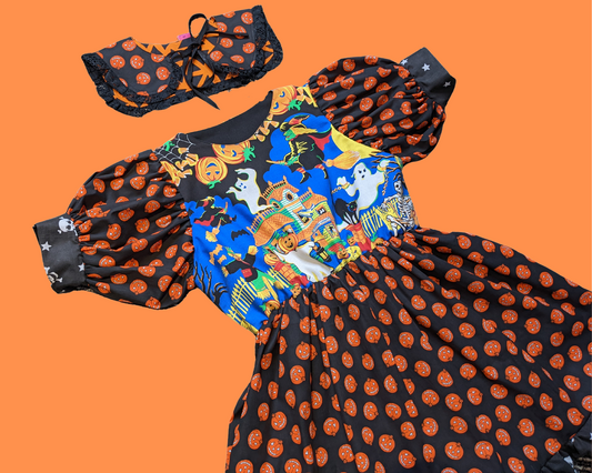Robe sur le thème d'Halloween recyclée à la main avec col de marin citrouille assorti Taille L/XL