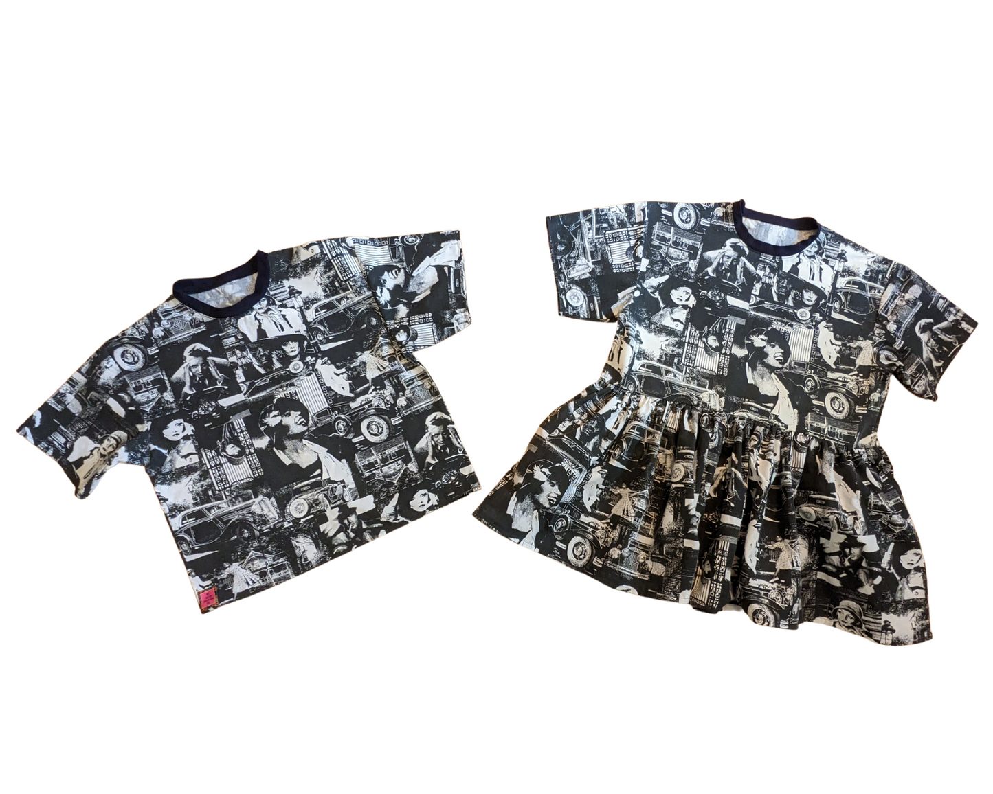 Fait à la main, recyclé vintage des années 1930 noir et blanc Old Hollywood tissu T-shirt robe s'adapte à SML-XL