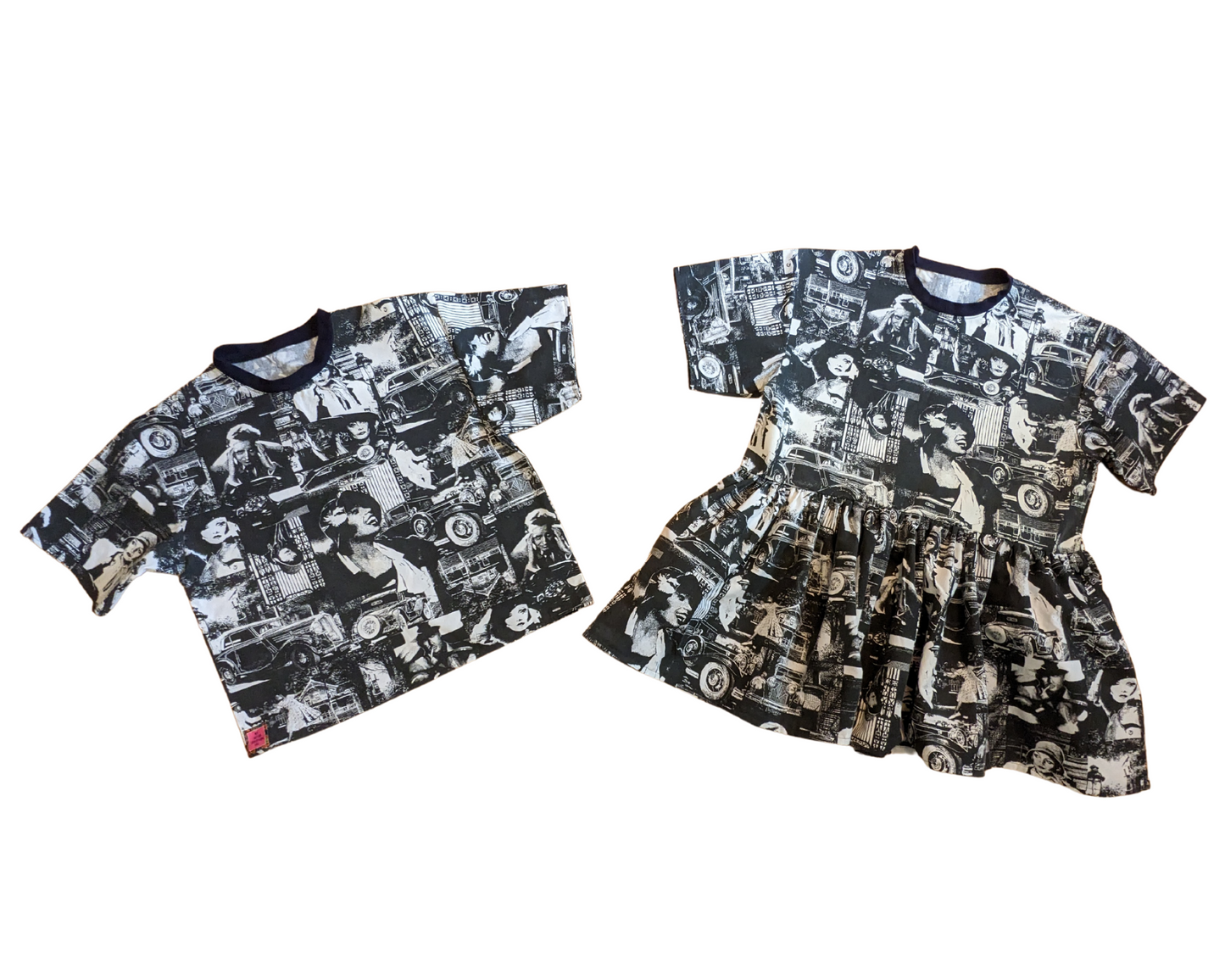 Fait à la main, Upcycled Vintage 1930's Noir et Blanc Old Hollywood Fabric T-Shirt Fits SML