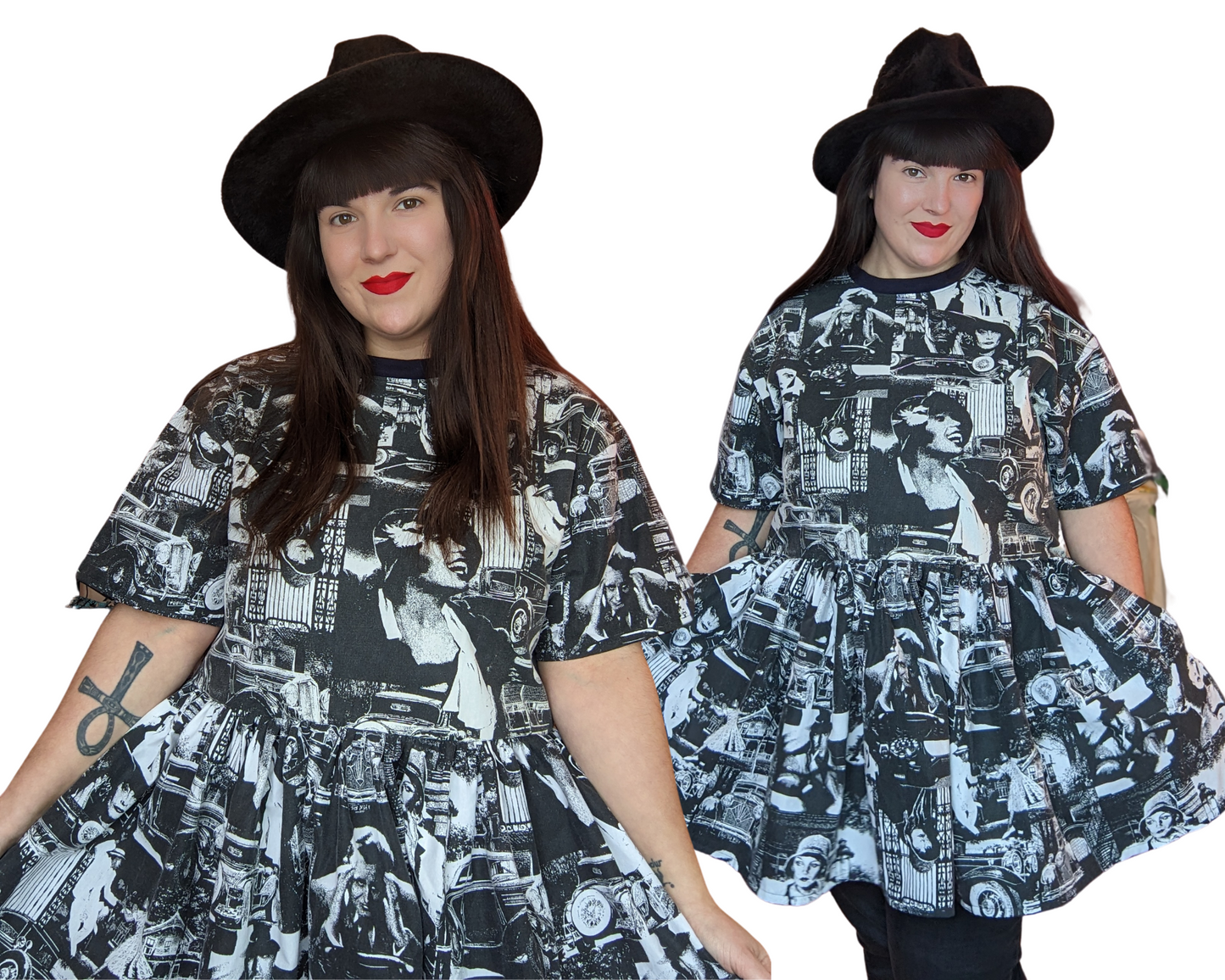 Fait à la main, recyclé vintage des années 1930 noir et blanc Old Hollywood tissu T-shirt robe s'adapte à SML-XL