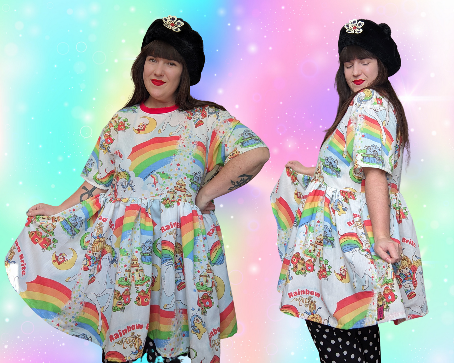 Handmade, Upcycled Rainbow Brite Vintage 1980's Bedsheet T-Shirt Dress Fits S-M-L-XL