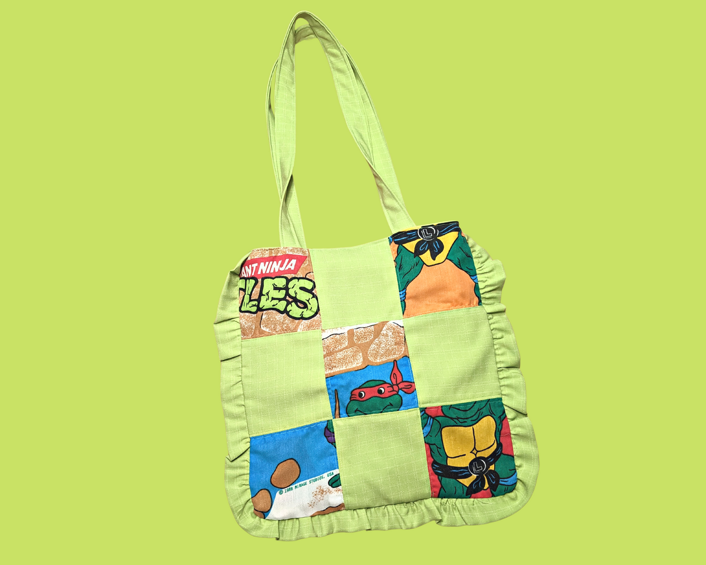 Handmade, Upcycled Vintage Teenage Mutant Ninja Turtles Bedsheet + Green Fabric Small Tote Bag