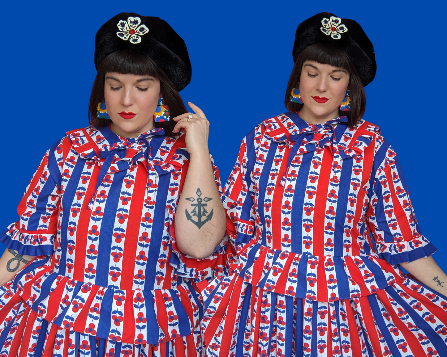 Handmade, Upcycled Vintage 1960's Blue and Red Floral Bedsheet Dress with Matching Detachable Collar Size S-M-L-XL