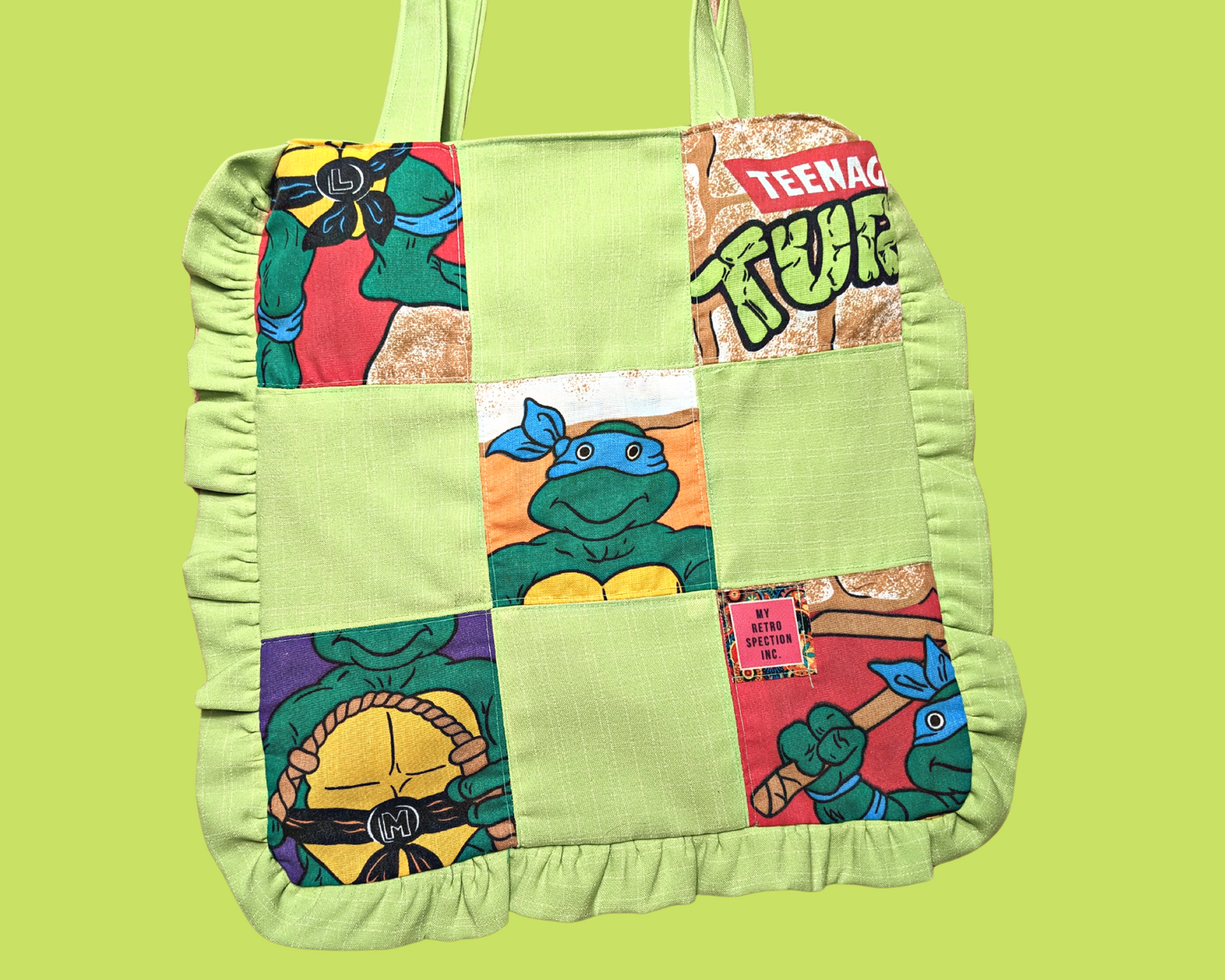 Handmade, Upcycled Vintage Teenage Mutant Ninja Turtles Bedsheet + Green Fabric Small Tote Bag