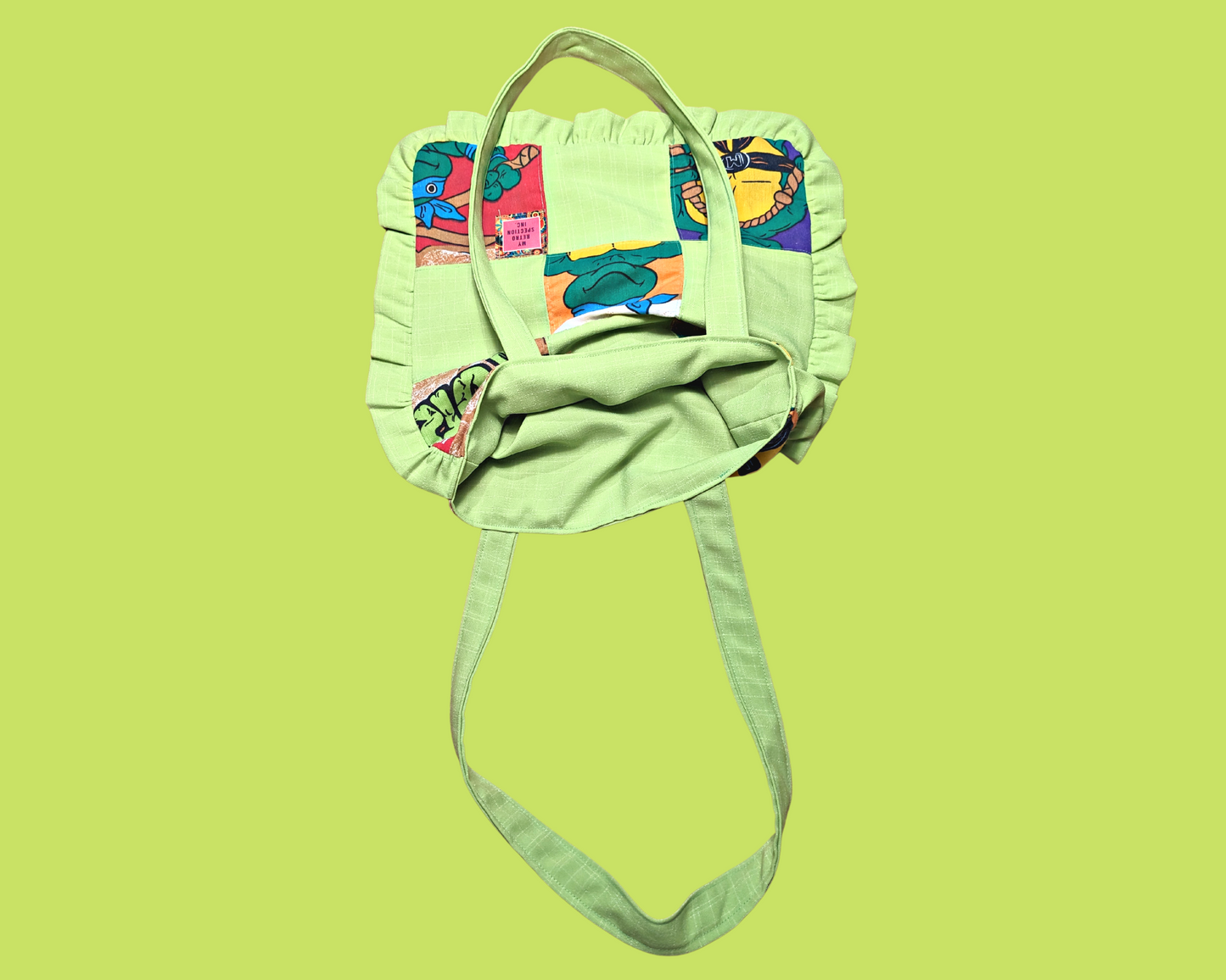 Handmade, Upcycled Vintage Teenage Mutant Ninja Turtles Bedsheet + Green Fabric Small Tote Bag