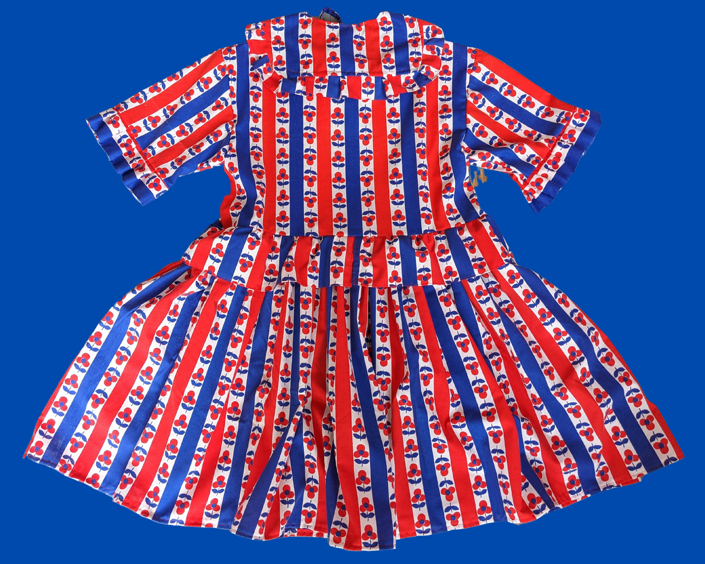 Handmade, Upcycled Vintage 1960's Blue and Red Floral Bedsheet Dress with Matching Detachable Collar Size S-M-L-XL
