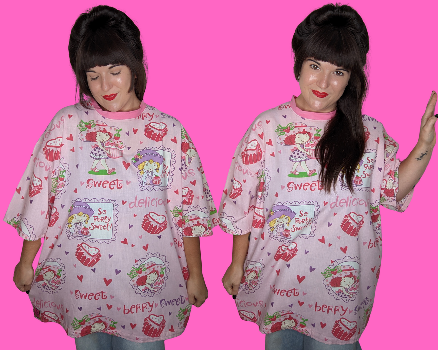 Handmade, Upcycled Strawberry Shortcake Bedsheet T-Shirt Oversized XL