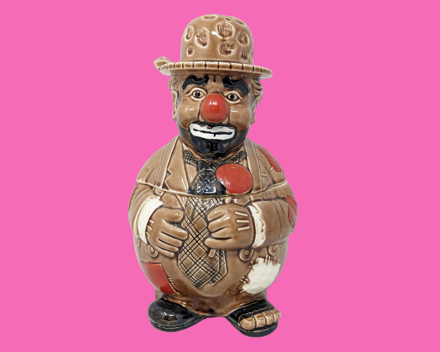 Vintage 1960's Hobo Clown Hand Painted Cookie Jar Made in Japan Imported by Woolworth
