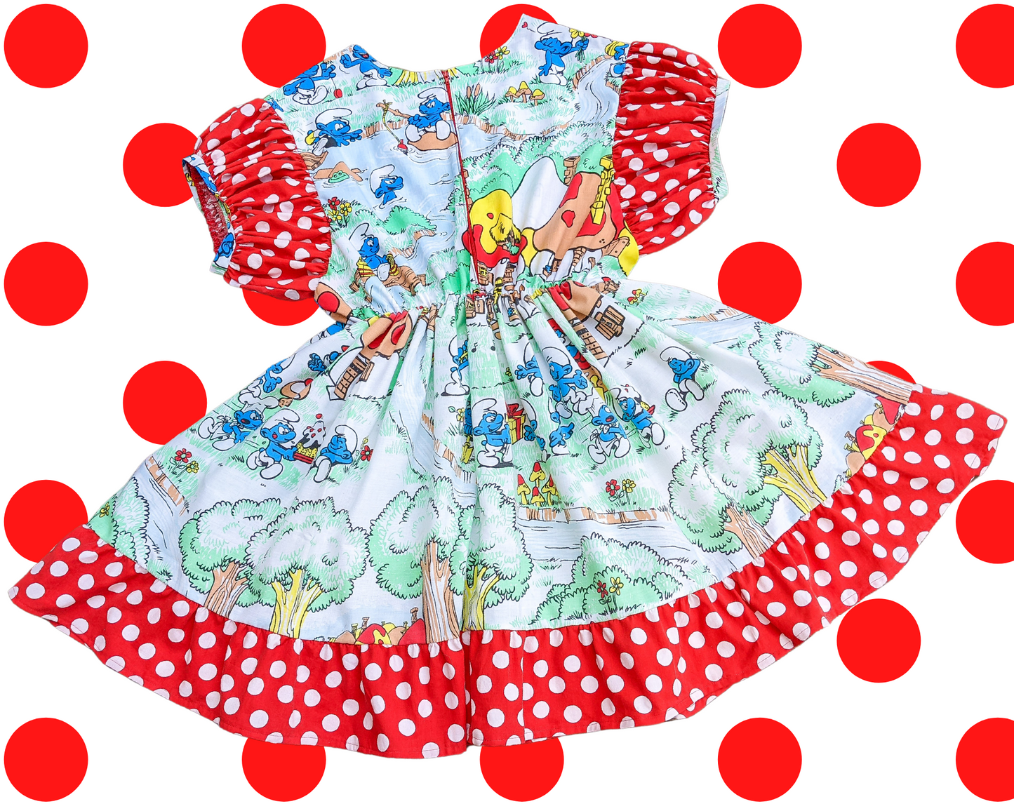Handmade, Upcycled The Smurfs Bedsheet Dress with Red and White Polka Dot Fabric, Short Puffy Sleeves Size 2XL