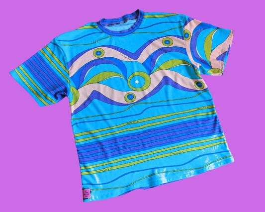 Handmade, Upcycled Vintage, Groovy Fabric, Stretchable, T-Shirt Oversized XS - Fits Like A Size M