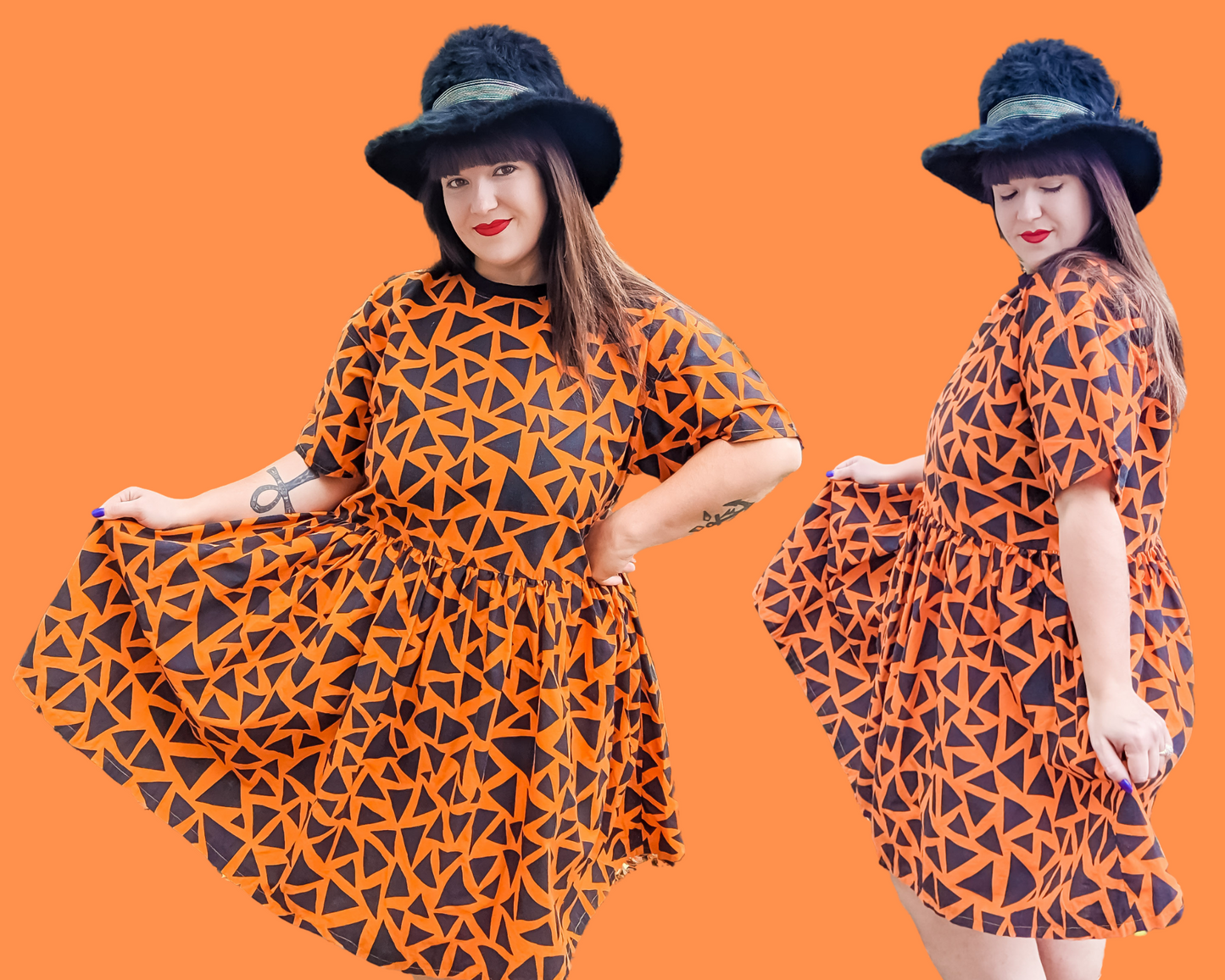 Fait à la main, thème d'Halloween recyclé, couleurs orange et noir, robe t-shirt en tissu pour SML-XL
