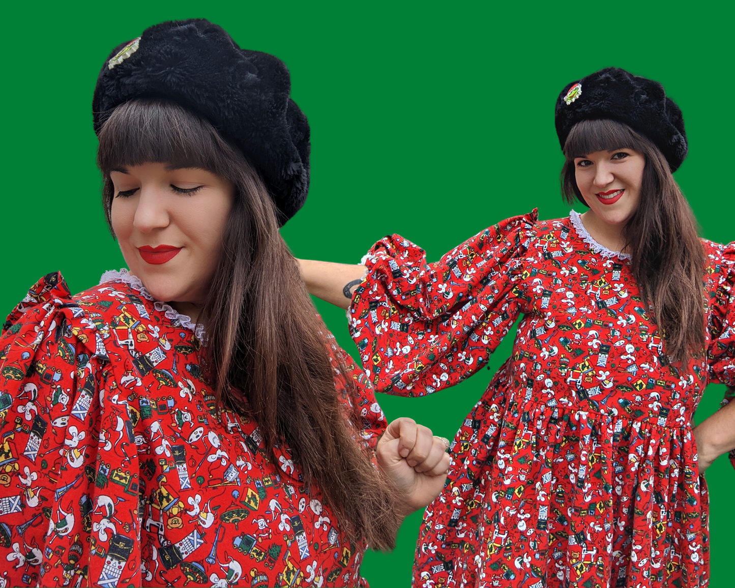Handmade, Upcycled Vintage 1990's Christmas Fabric, Long Sleeve Dress with Lace Details Size L-XL