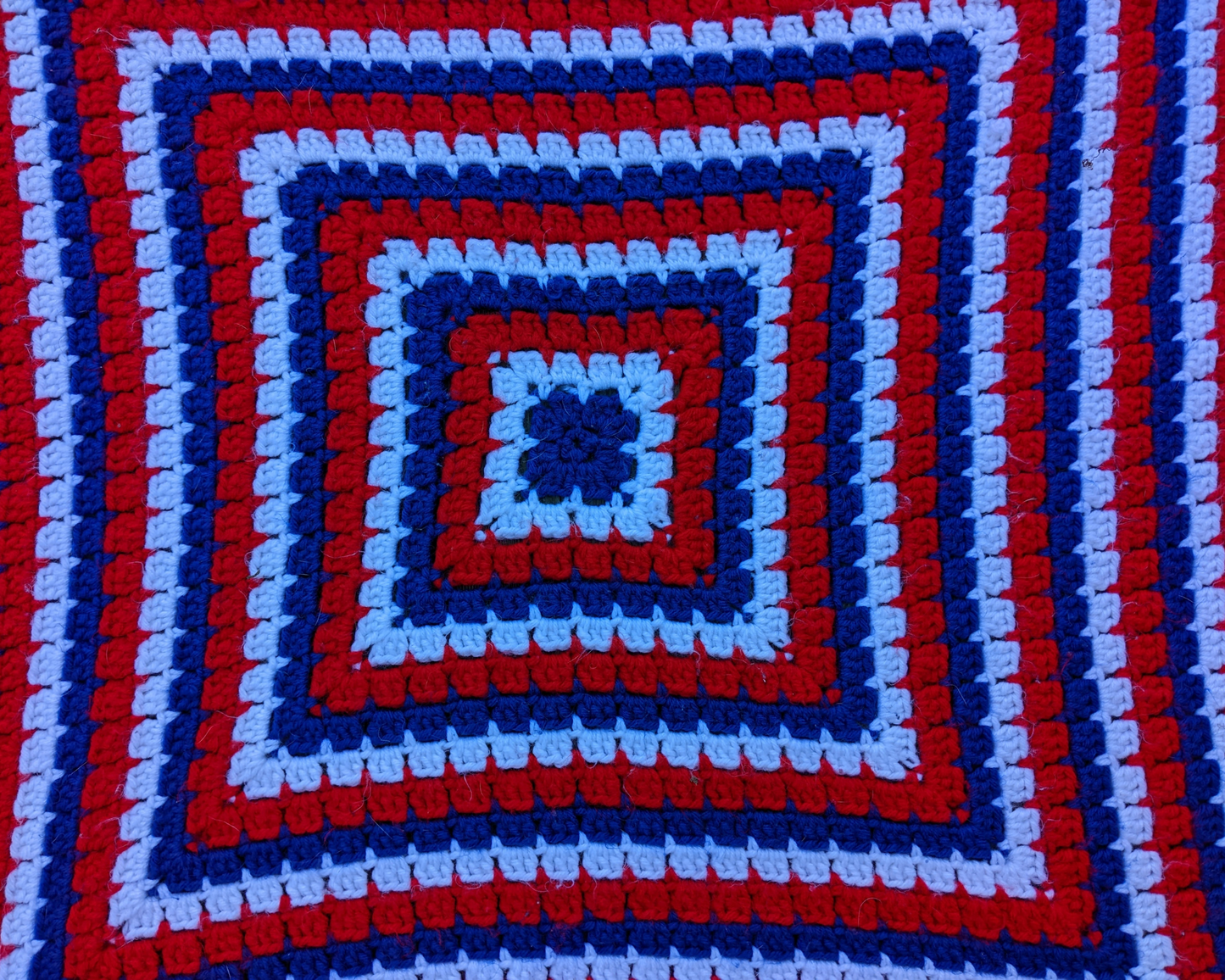 Vintage 1970's Blue, Red and White Wool Crochet Blanket