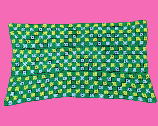 Vintage 1960's Green, Yellow and White Acrylic Crochet Blanket