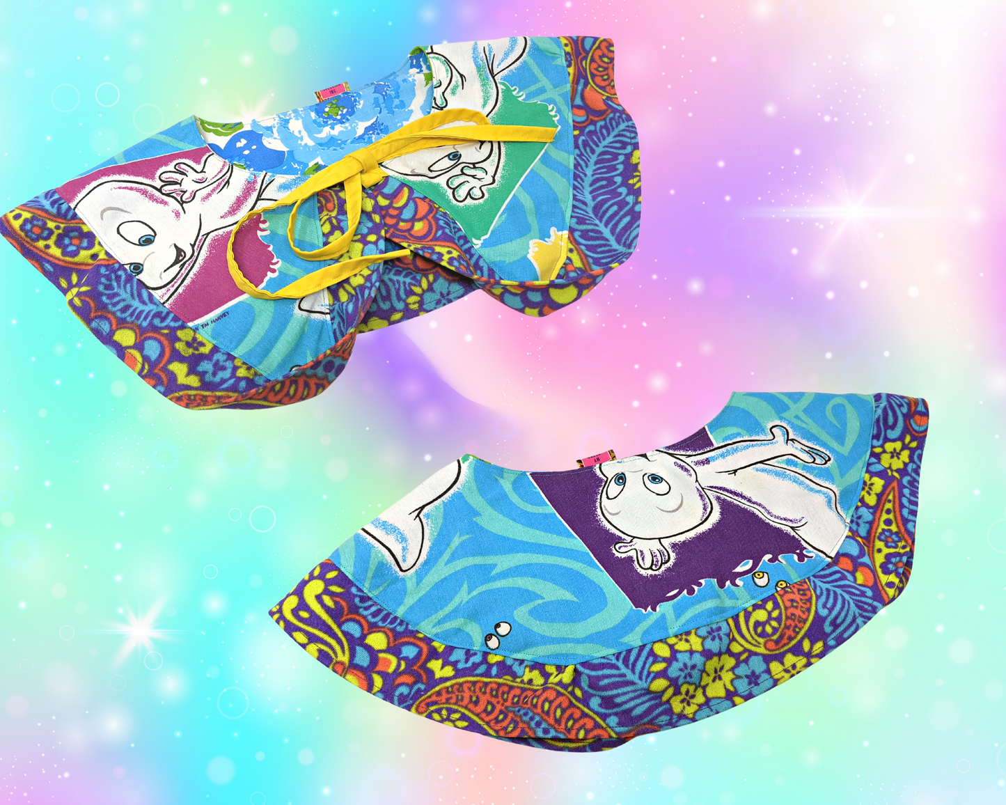 Handmade, Upcycled, Reversible Pilgrim Collar with Frill Made With a Casper the Friendly Ghost Bedsheet and a Vintage Floral Fabric