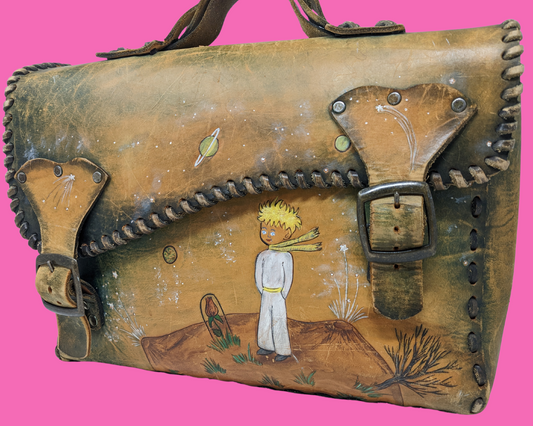 Vintage 1970's Genuine Leather Messenger Bag with Hand Carved Illustration of Le Petit Prince (The Little Prince) from Antoine de Saint-Exupéry