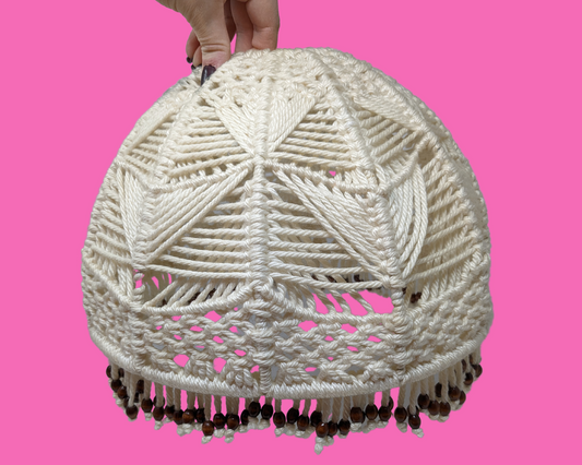 Laine blanche vintage des années 1970, crochet, abat-jour en macramé avec perles