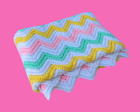 Vintage 1960's Pink, Green, Yellow and White Wool Crochet Blanket