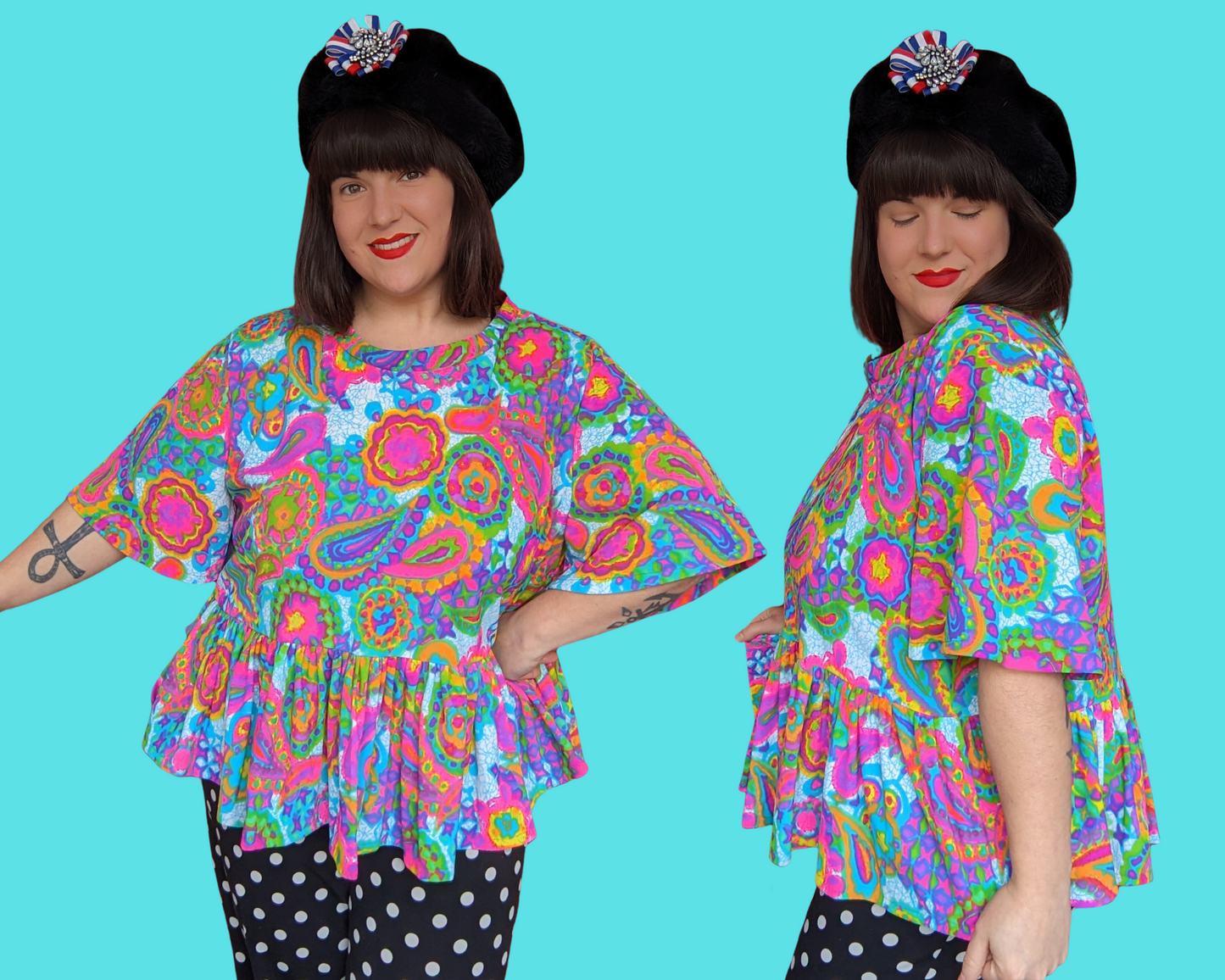 Handmade, Upcycled Vintage 1960's Inspired Rainbow, Psychedelic Polyester Blouse Size 2XL