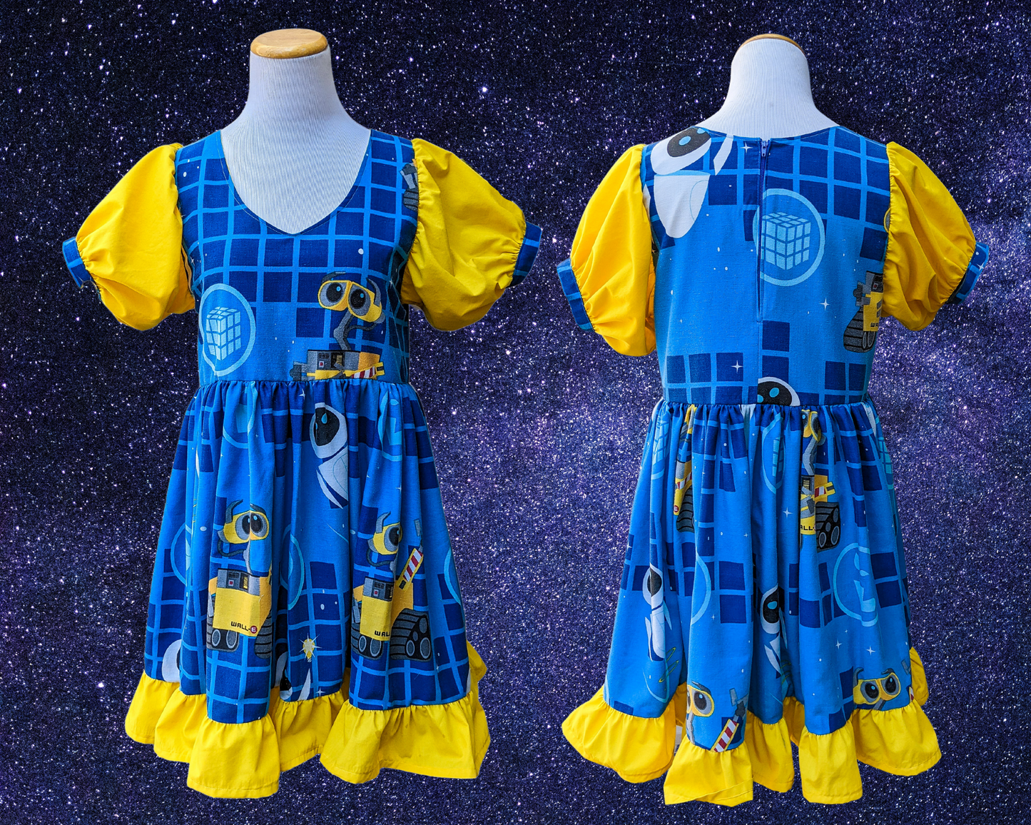 Handmade, Upcycled Disney, Pixar Wall-E Bedsheet Dress, Short Yellow Puffy Sleeves, Size S/M