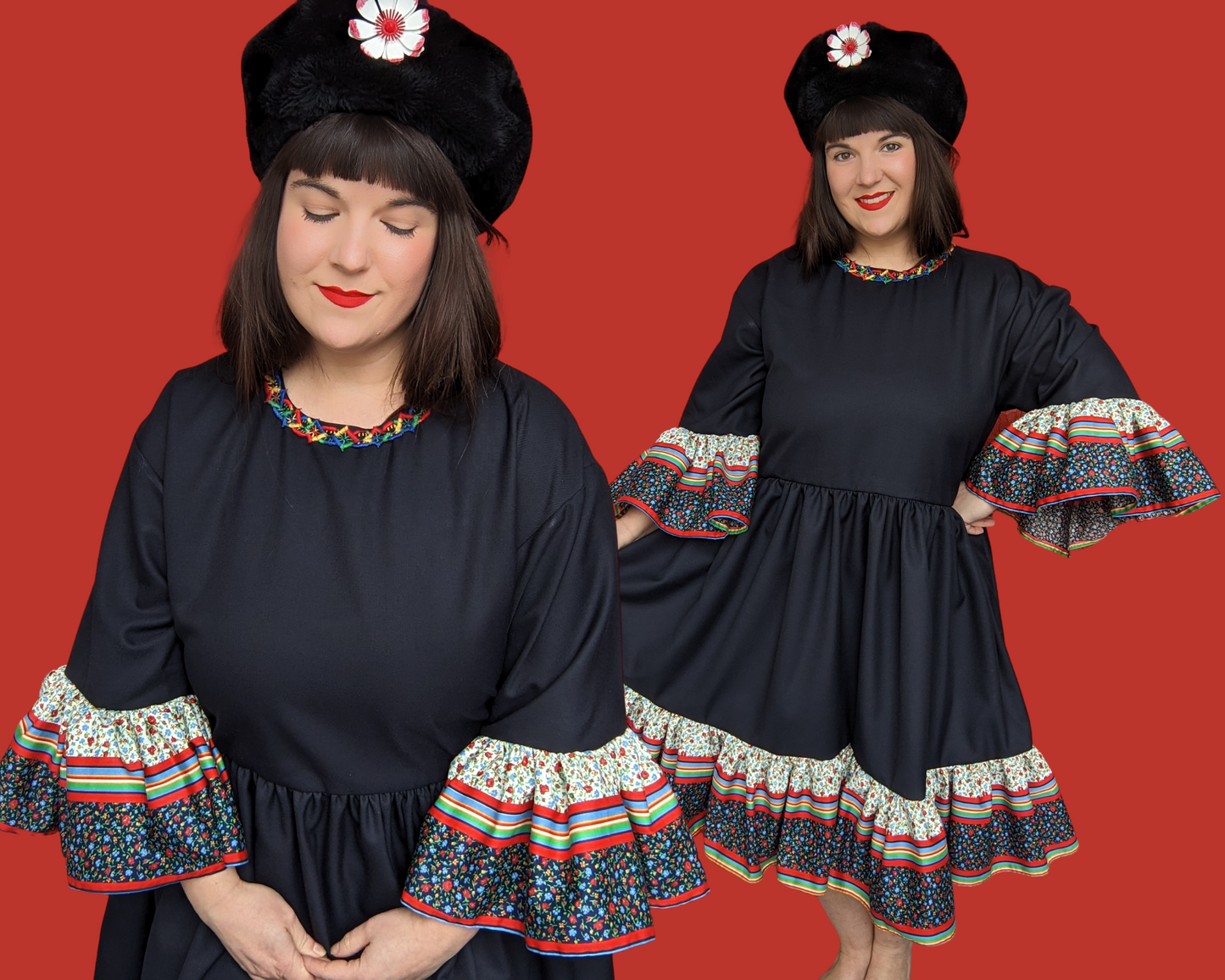 Handmade, Upcycled Black Fabric with Vintage 1970's Floral Fabric T-Shirt Dress Fits S-M-L-XL