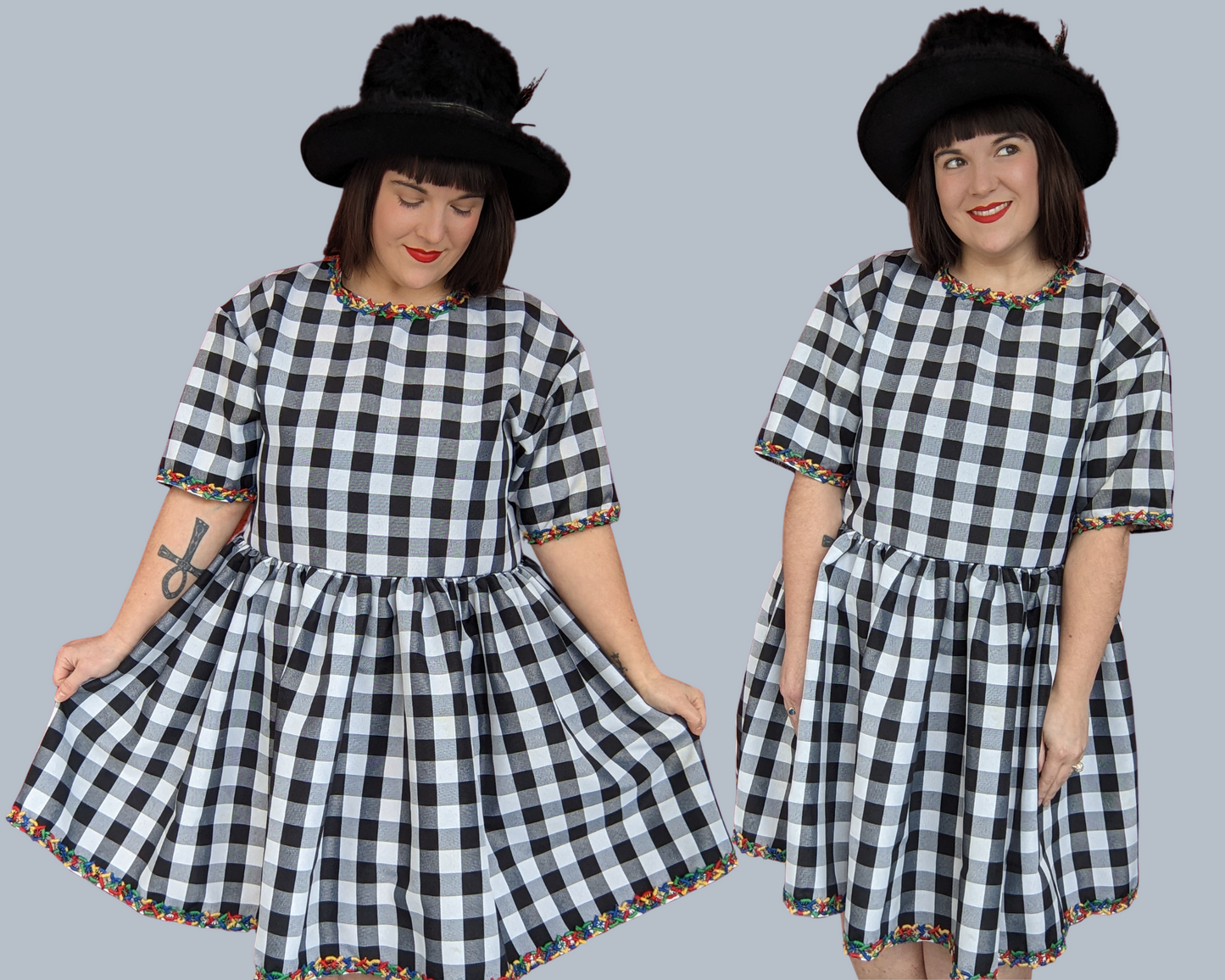 Handmade, Upcycled Black and White Checkers Patterned Table Cloth T-Shirt Dress Fits S-M-L-XL
