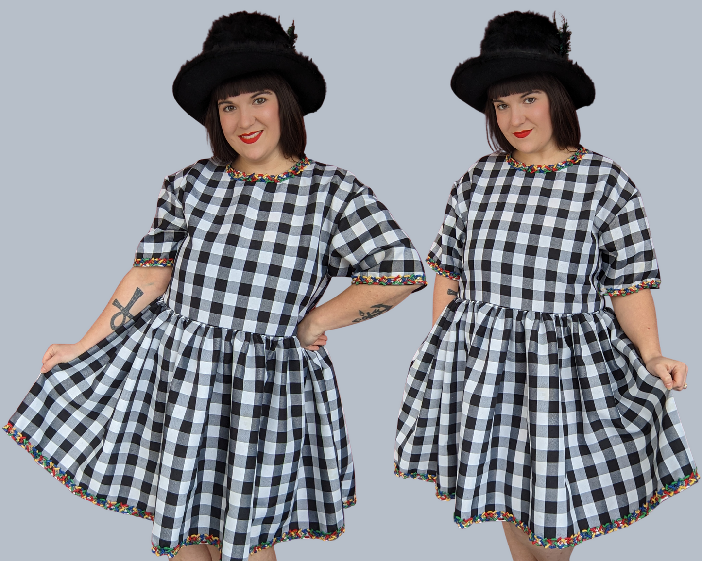 Handmade, Upcycled Black and White Checkers Patterned Table Cloth T-Shirt Dress Fits S-M-L-XL