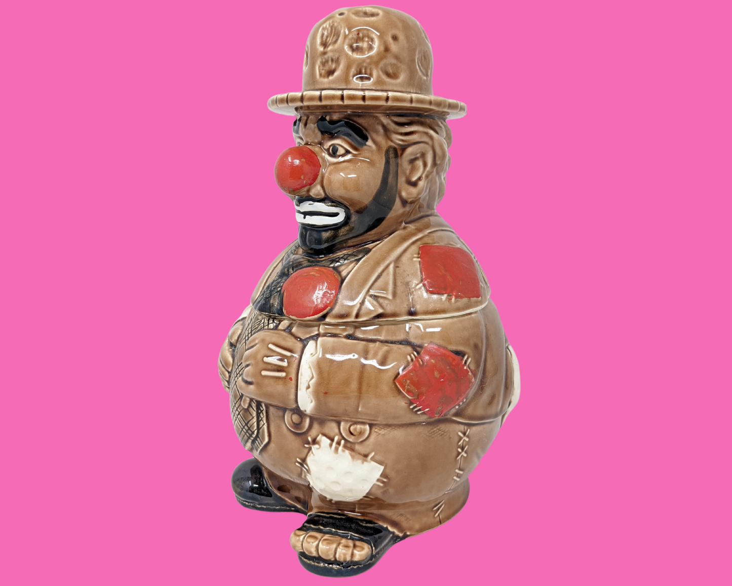 Vintage 1960's Hobo Clown Hand Painted Cookie Jar Made in Japan Imported by Woolworth