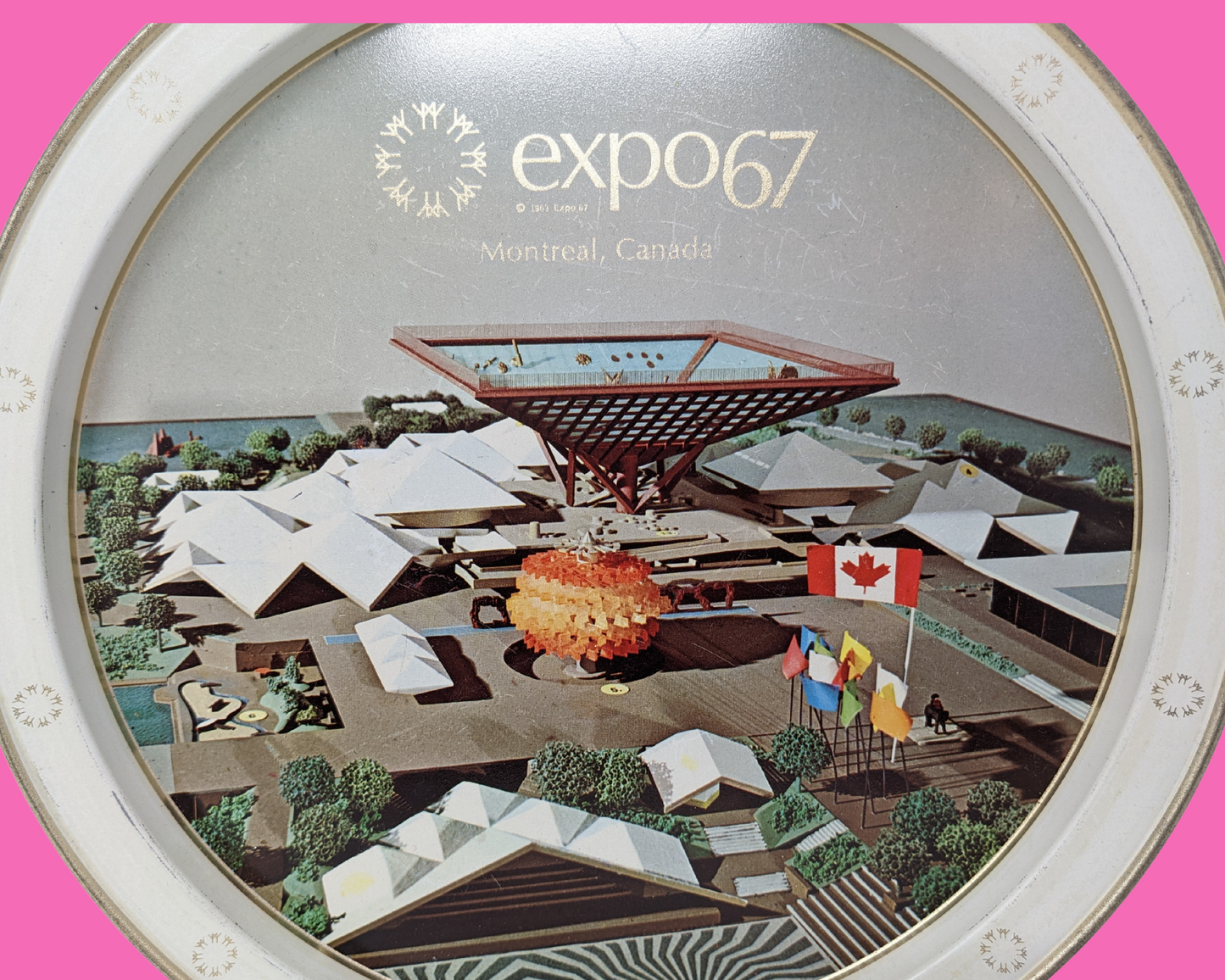 Vintage 1967 Decorative Metal Tray of Montreal's Expo 67 Pavilion of Canada