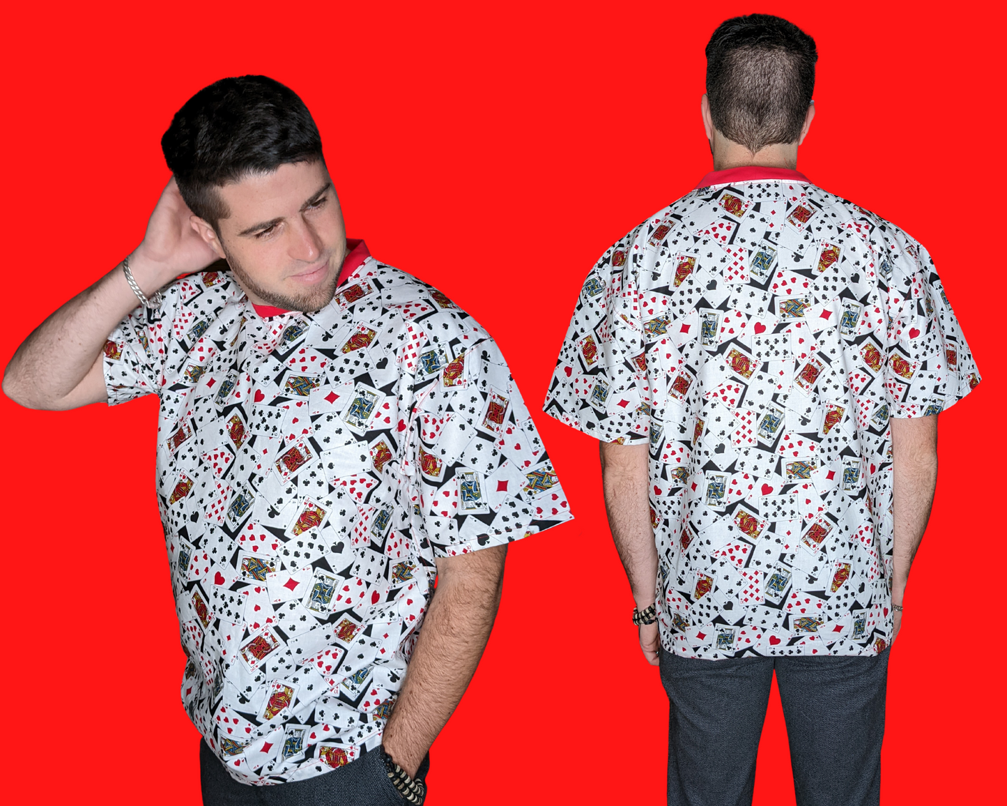T-shirt en tissu à motifs de cartes à jouer recyclées à la main surdimensionné XS - Convient comme une taille M