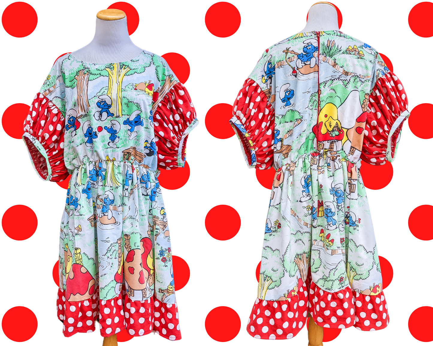 Handmade, Upcycled The Smurfs Bedsheet Dress with Red and White Polka Dot Fabric, Short Puffy Sleeves Size 2XL