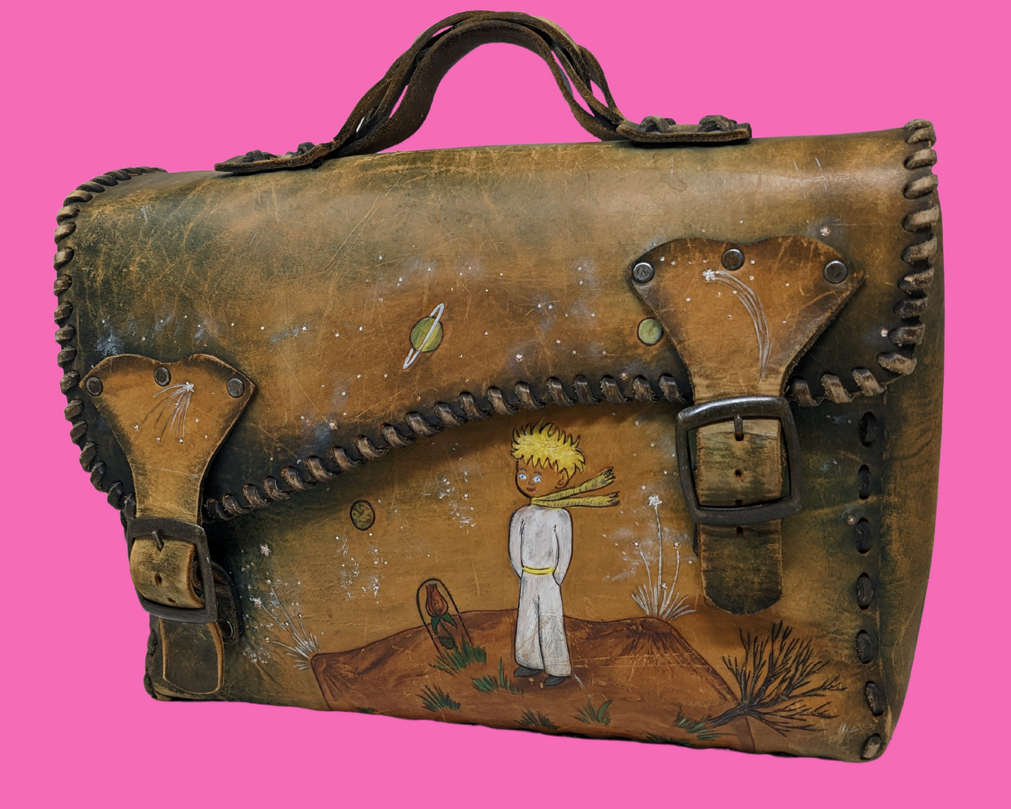 Vintage 1970's Genuine Leather Messenger Bag with Hand Carved Illustration of Le Petit Prince (The Little Prince) from Antoine de Saint-Exupéry