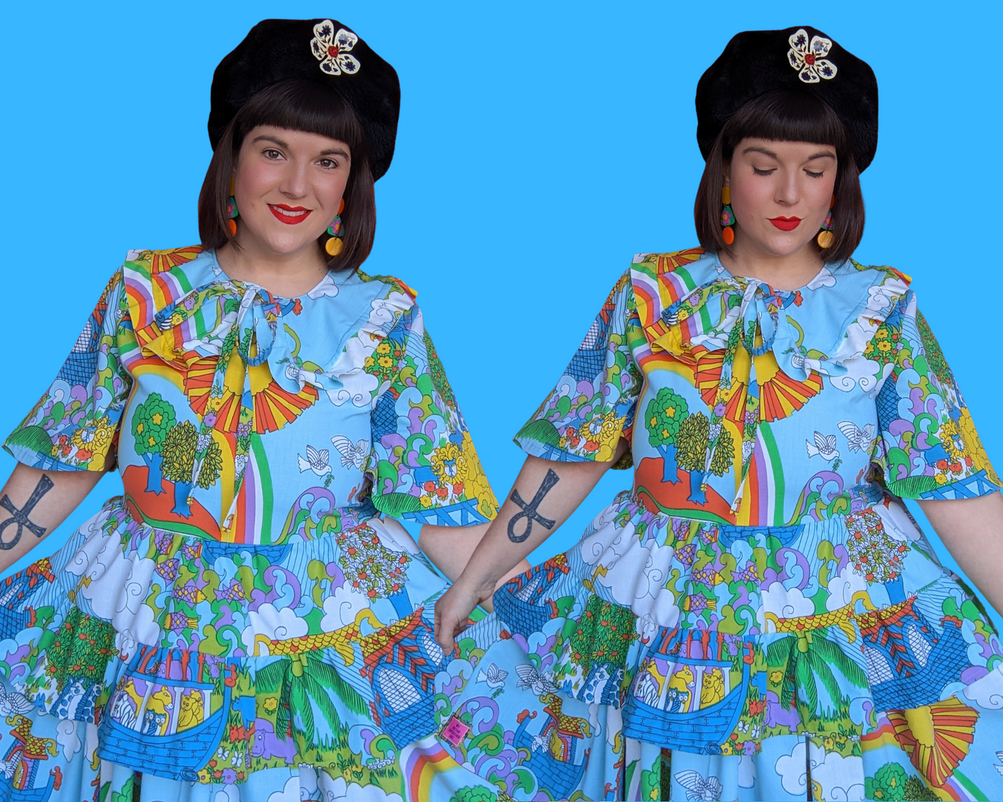 Handmade, Upcycled Vintage 1970's Colorful, Groovy, Noah's Ark Bedsheet Dress with Matching Detachable Collar Size L
