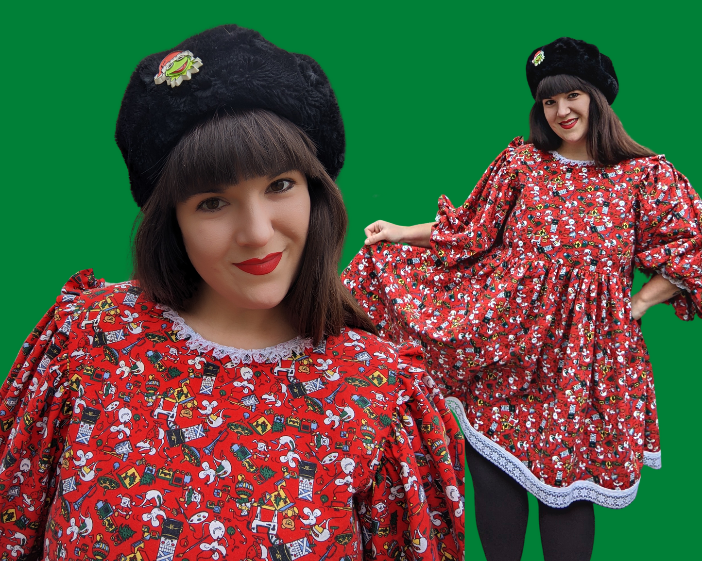Handmade, Upcycled Vintage 1990's Christmas Fabric, Long Sleeve Dress with Lace Details Size L-XL