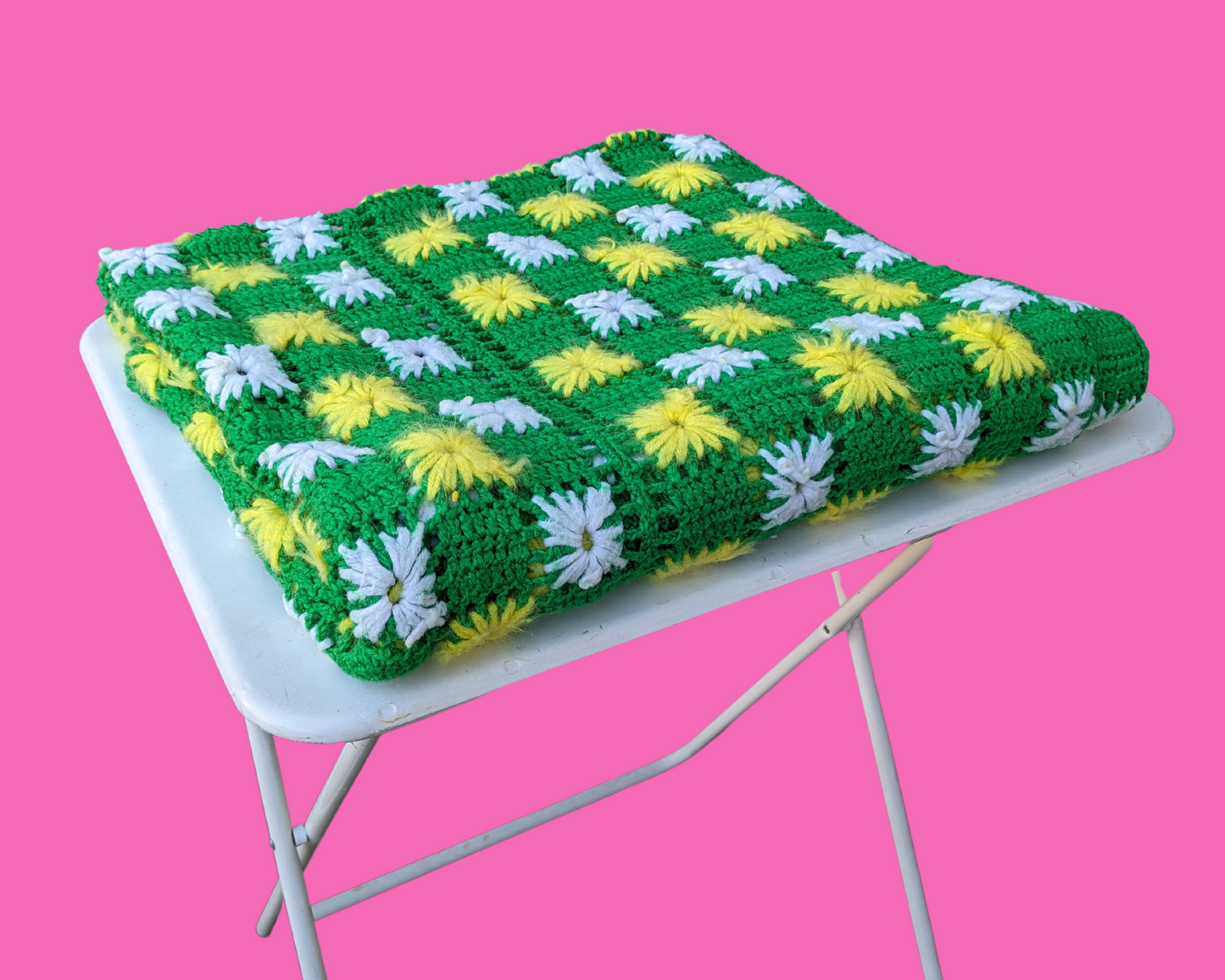 Vintage 1960's Green, Yellow and White Acrylic Crochet Blanket