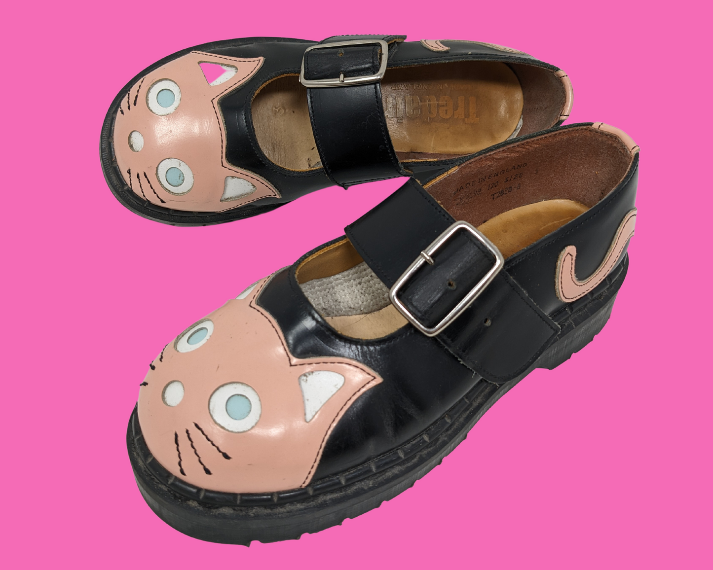 Vintage 1990's Tredair England Pink and Black Leather Kitties Shoes Size US 6.5