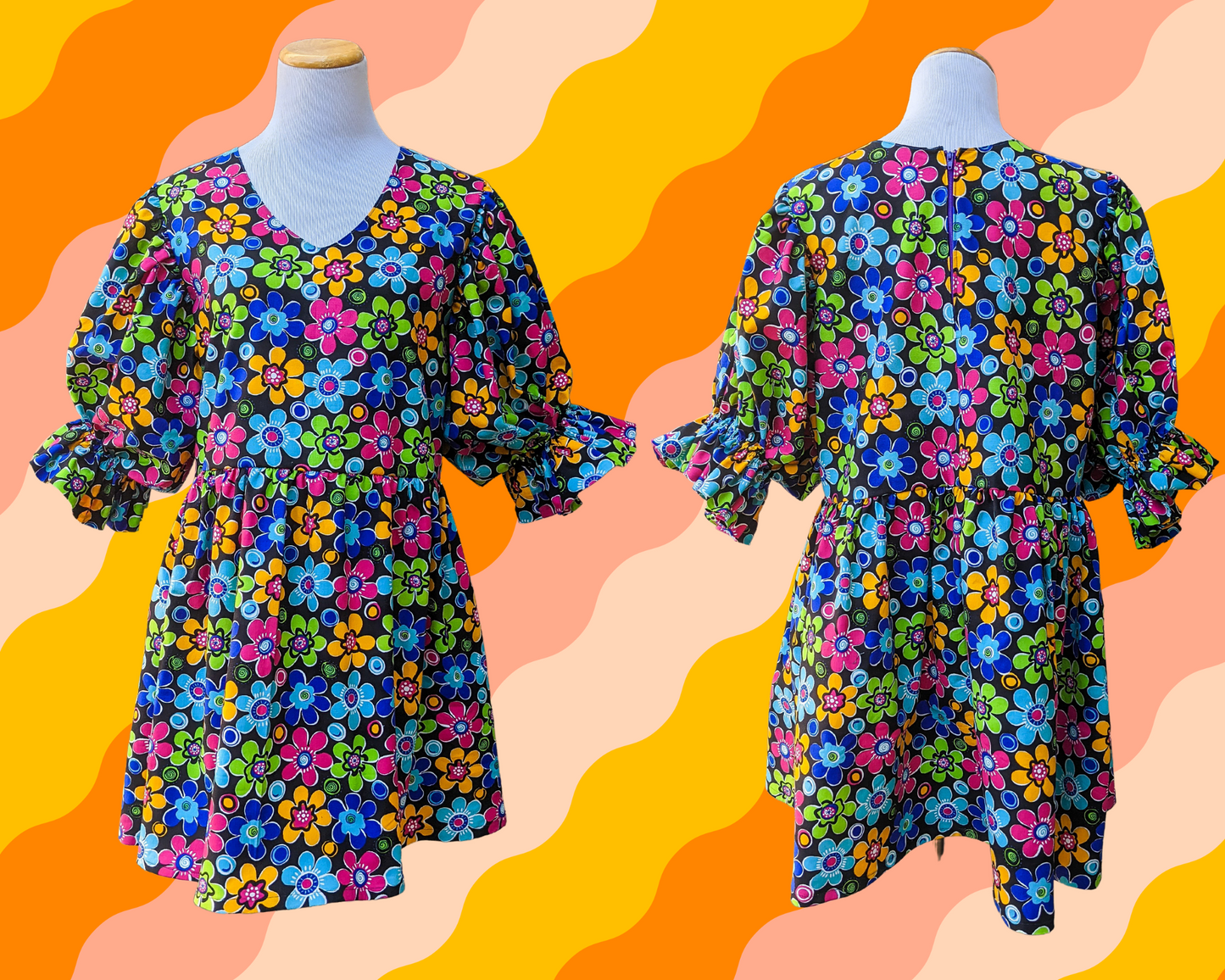 Fait à la main, Upcycled Vintage 1990's Colorful Flower Power, Robe en tissu à motifs groovy avec manches bouffantes mi-longues, Taille L/XL