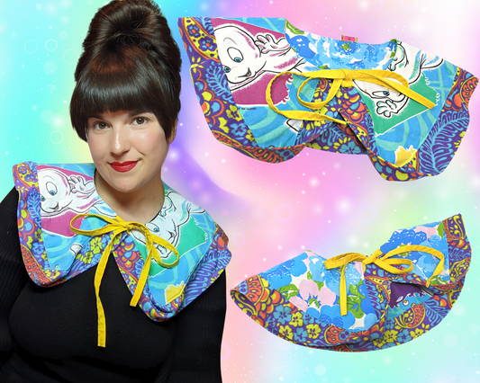 Handmade, Upcycled, Reversible Pilgrim Collar with Frill Made With a Casper the Friendly Ghost Bedsheet and a Vintage Floral Fabric