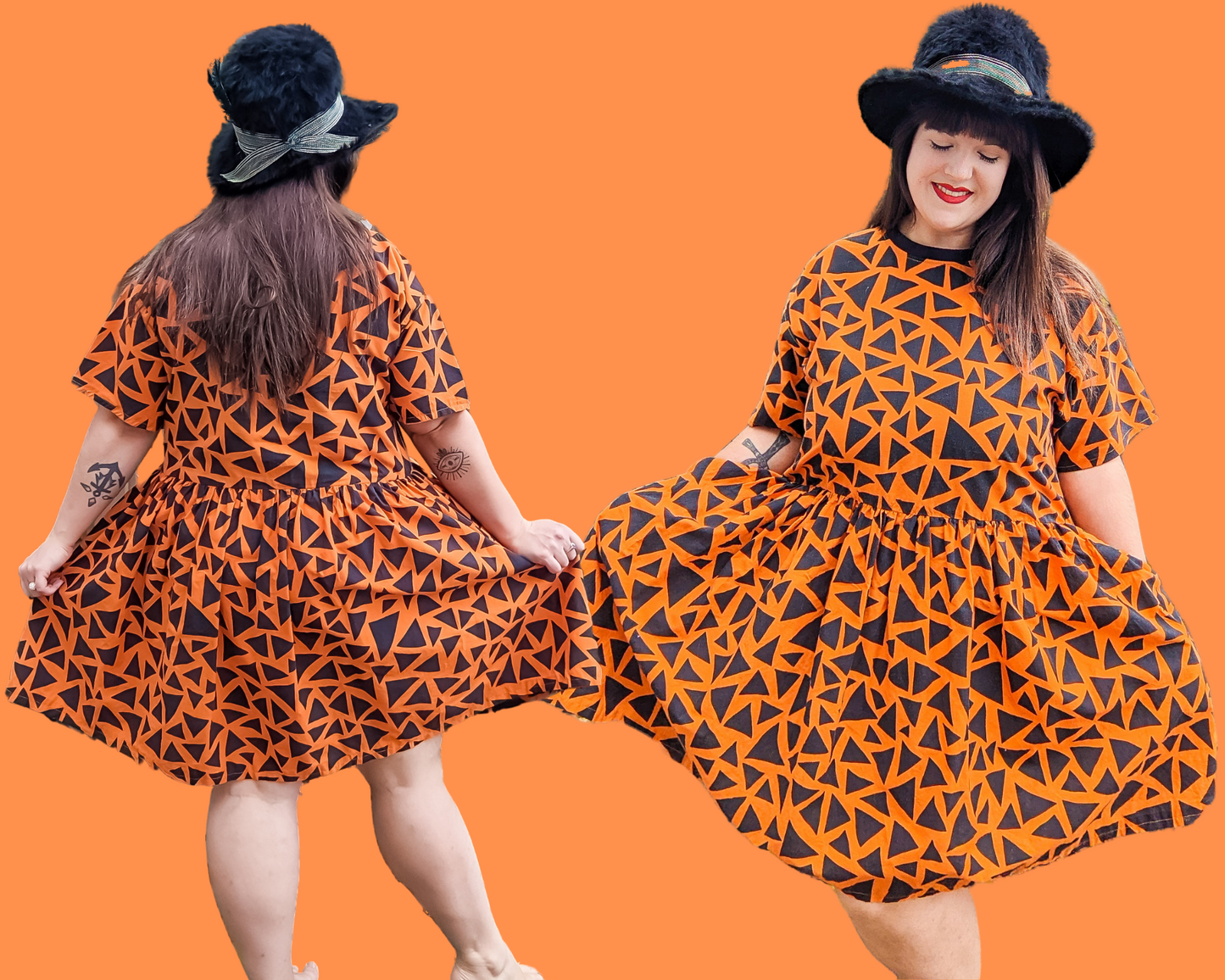 Fait à la main, thème d'Halloween recyclé, couleurs orange et noir, robe t-shirt en tissu pour SML-XL