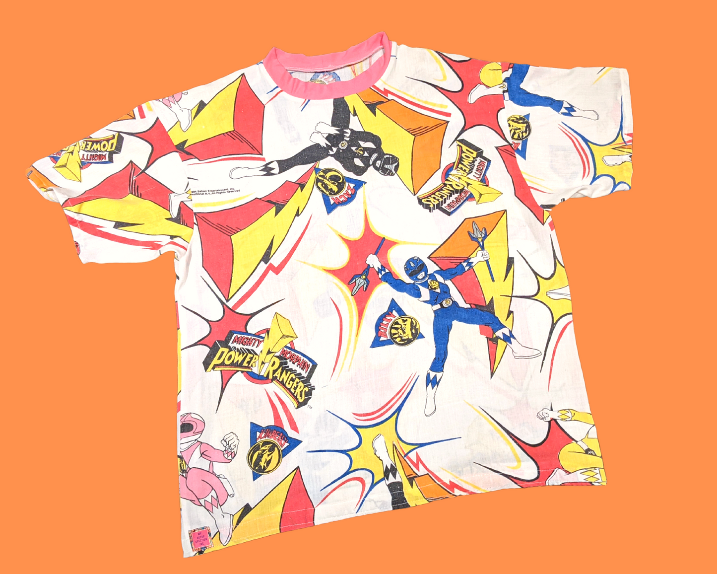Fait à la main, Upcycled The Power Rangers Vintage 1990's Bedsheet T-Shirt Oversize XS - Convient comme une taille M