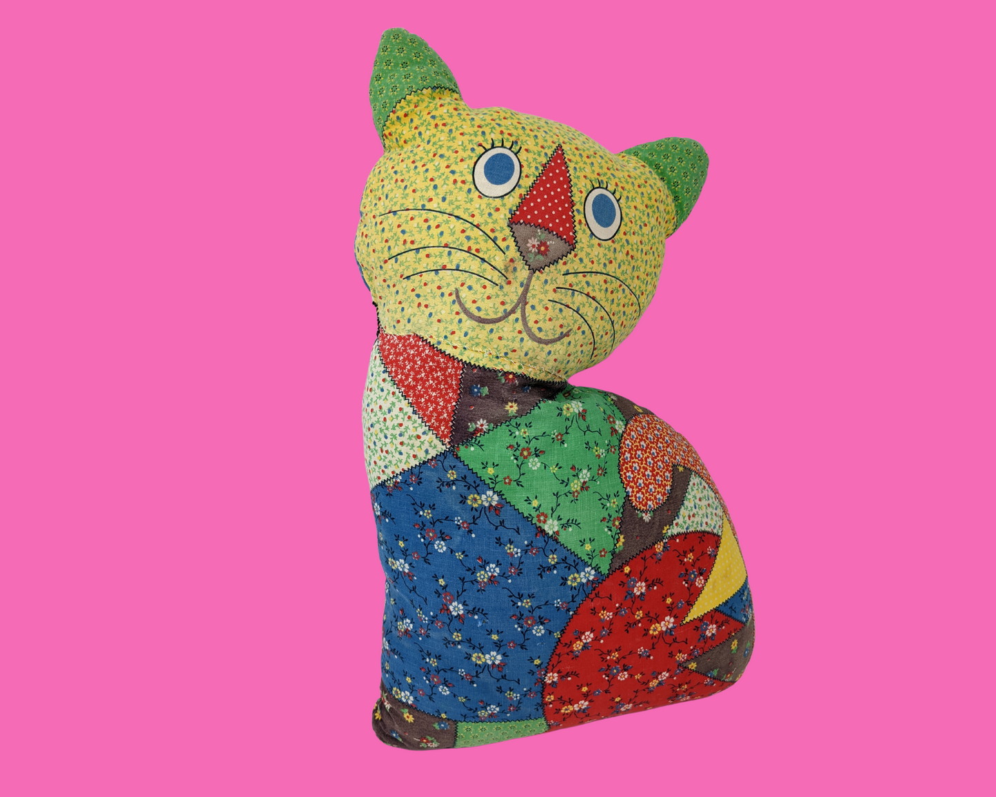 Coussin décoratif chat patchwork en peluche vintage des années 1970