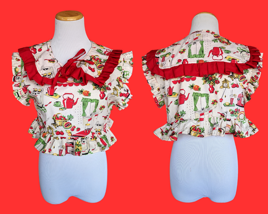 Handmade, Upcycled Vintage 1960's Colorful Kitchen Themed Patterned Blouse with Matching Collar S